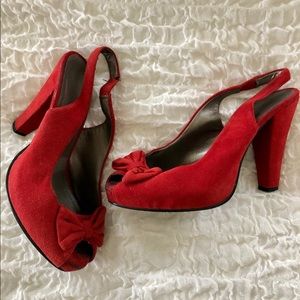 Vintage red suade peep toe heels